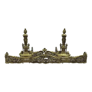 19th C. French Cast Brass Baroque Fireplace Andirons Chenets and Fender Set