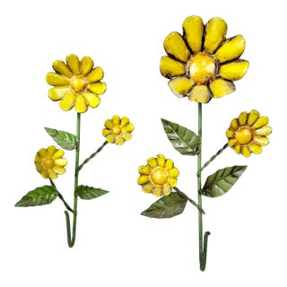 Vintage Mid-Century Yellow Metal Sunflower Tole Wall Hooks - Pair For Sale