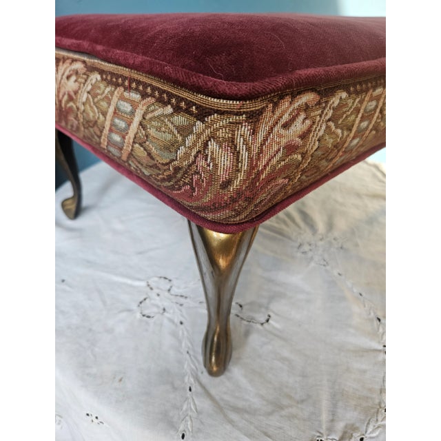 Vintage Queen Anne Ottoman Footstool Upholstered and Brass Color Metal Legs For Sale - Image 4 of 8