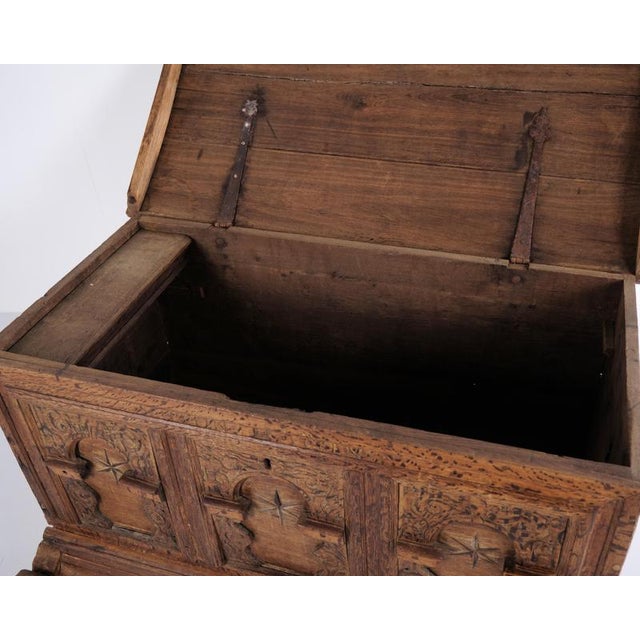 Chest in Oak with Carved Details and Fruitwood Inlays, 1860s For Sale - Image 10 of 14