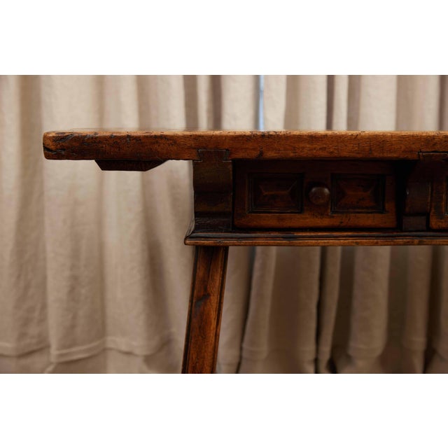 18th Century 18th C. Spanish Beautifully Rustic Carved-Wood Trestle-Leg Table With Drawers For Sale - Image 5 of 6