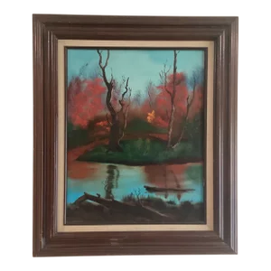 Mid Century Autumn Colors Landscape Painting on Canvas “October. Red Forest “ Framed by M. Marten