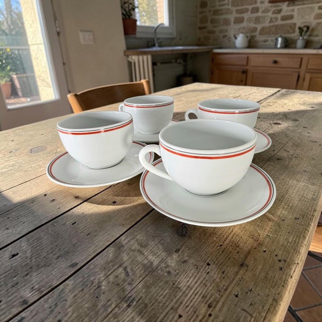 A matched service of four oversized cups and saucers by Porcelaine d'Auteuil in the discontinued Bistrot Rust Orange...
