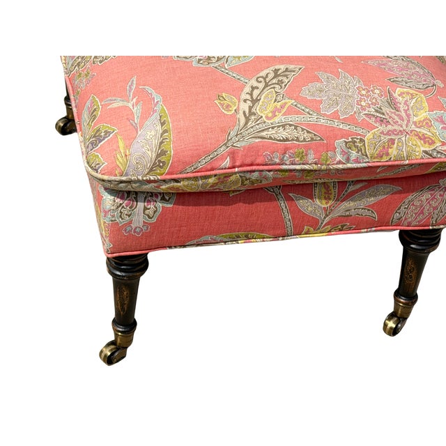 Custom Cr Laine Coral Botanical Cocktail Ottoman | Luxury Designer Upholstered Coffee Table Ottoman With Turned Wood Legs & Brass Casters For Sale - Image 10 of 11
