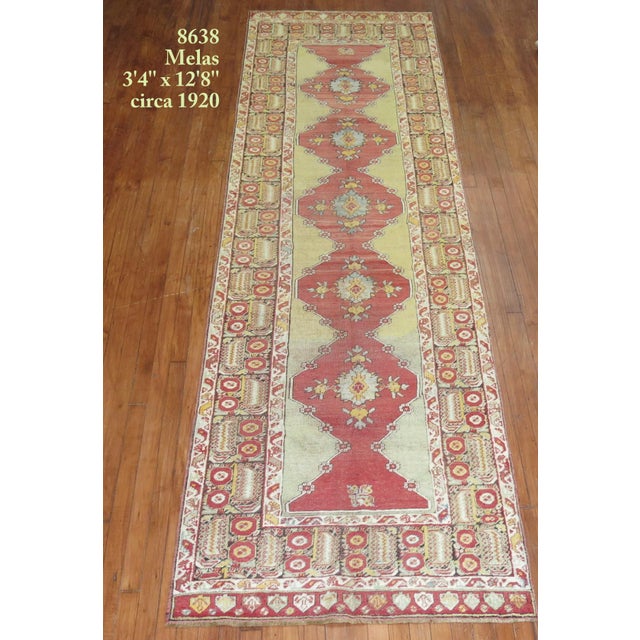 Red Zabihi Collection Early 20th Century Soft Green Antique Turkish Runner - 3'4" x 12'8" For Sale - Image 8 of 9