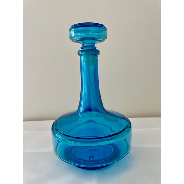 Mid-Century Modern Vintage Mid-Centuy Modern Blue Glass Decanter Bottle With Stopper For Sale - Image 3 of 5