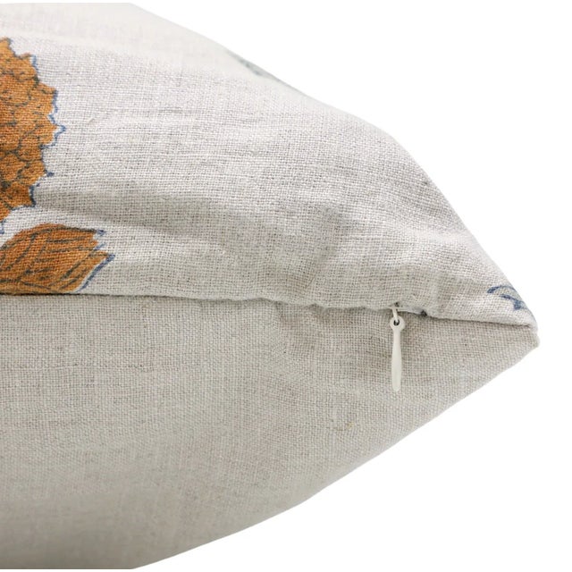 Rustic Block Printed Floral Designer Pure Linen Throw Pillow Cover 16x16 Inch- Badshah For Sale - Image 3 of 5