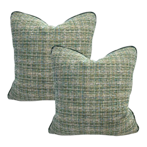 Set of 2 Textured Green Tweed Pillows With Crushed Velvet Back – 22"