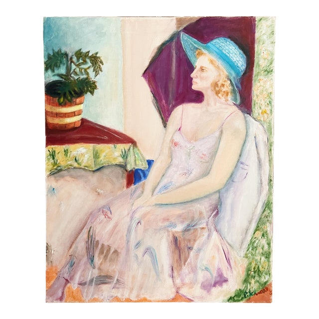 Vintage Portrait Painting of Woman Wearing a Floral Dress and Blue Hat For Sale