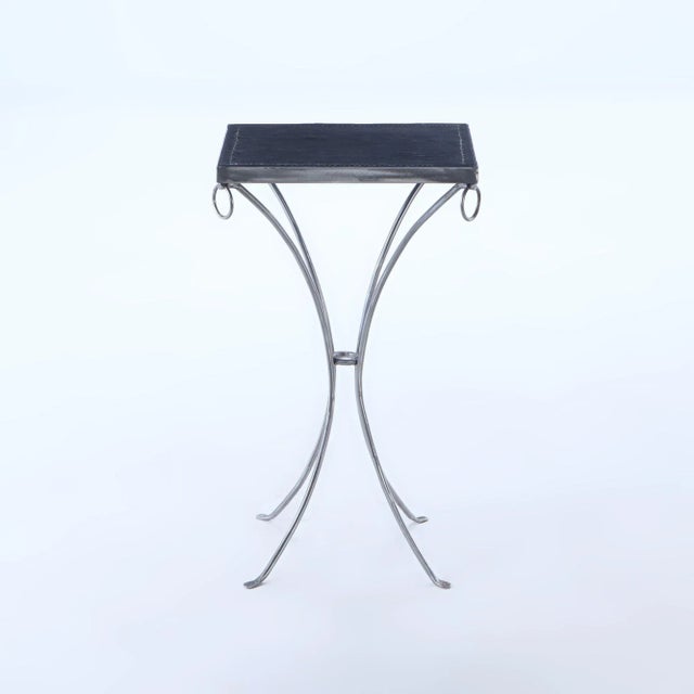 Mid-Century Modern Pair Polished Iron Drinks Tables With Ring Decoration and Black Distressed Leather Hand Stitched Tops So as to Look Vintage. For Sale - Image 3 of 9