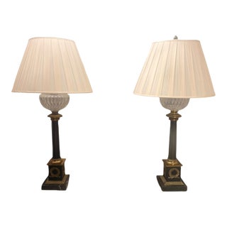 Mid 20th Century Pair of Neoclassical Empire Style Crystal Oil Font Marble & Gilt Bronze Table Lamps For Sale
