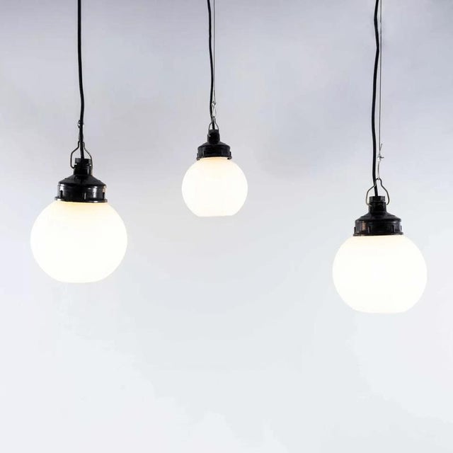 1940's original small industrial opaline globe pendant lamp - 18cm. New old stock salvaged from a from a czech lighting...