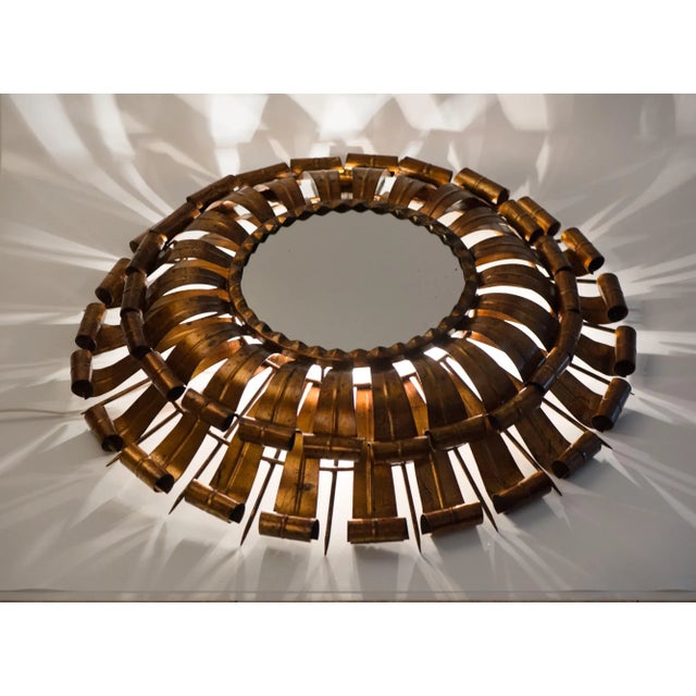 1950s Large Spanish Brutalist Backlit Gilt Sunburst Mirror or Ceiling Flush Mount For Sale - Image 12 of 13