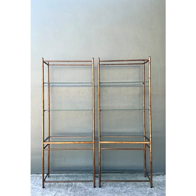 Bronze Vintage Metal and Glass Etagere Shelves - Pair For Sale - Image 8 of 12