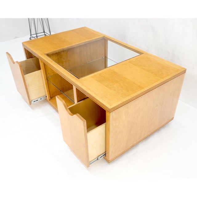 Large Box Shape Glass Top Birch Plywood Deep Drawers Storage Coffee Table MCM For Sale - Image 12 of 12