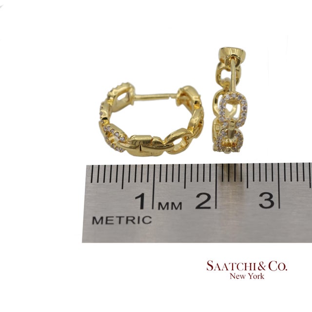14k(585) Solid Yellow Gold Natural Diamond Link Chain Huggies Earrings, A Pair For Sale - Image 12 of 12