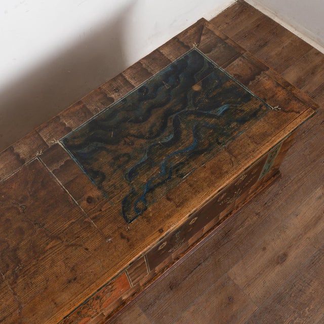 Wood Long Narrow Original Painted Trunk Bench With Storage Dated 1921 For Sale - Image 7 of 16