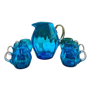 Mid 20th-Century Blown Swirl Glass Beverage Set in Cyan – 7 Pieces