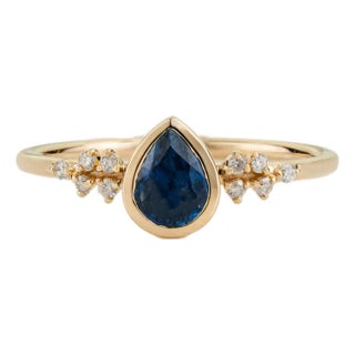 Pear Cut Blue Sapphire and Diamond Cluster Vintage Ring in 14k Gold Size 4 For Sale