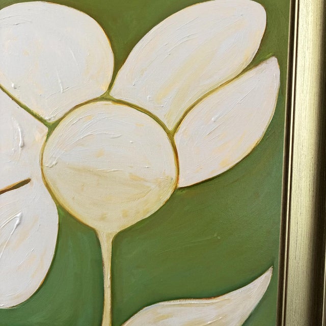 Contemporary Original Framed Flower Painting, Green Botanical Wall Art, Oil on Canvas in Gold Frame, 14x14 Minimalist Boho Home Decor For Sale - Image 3 of 3