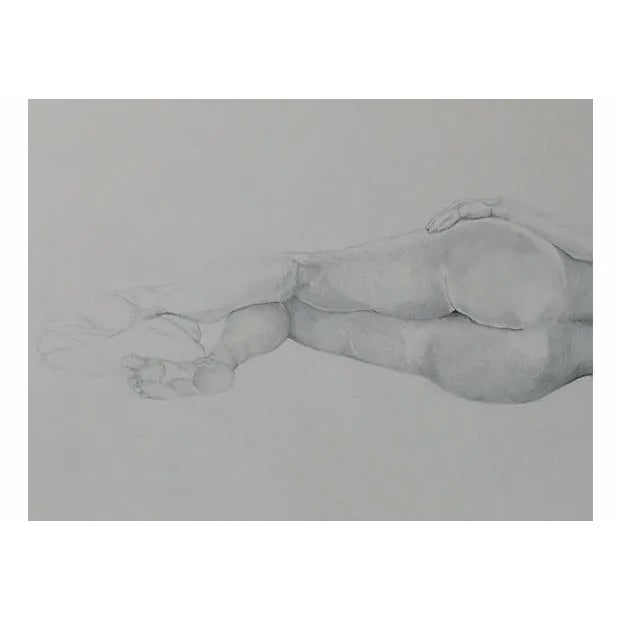 Circa 1988; Original New York artist, pencil drawing on arches paper of a female nude figure, lounging with her head on...