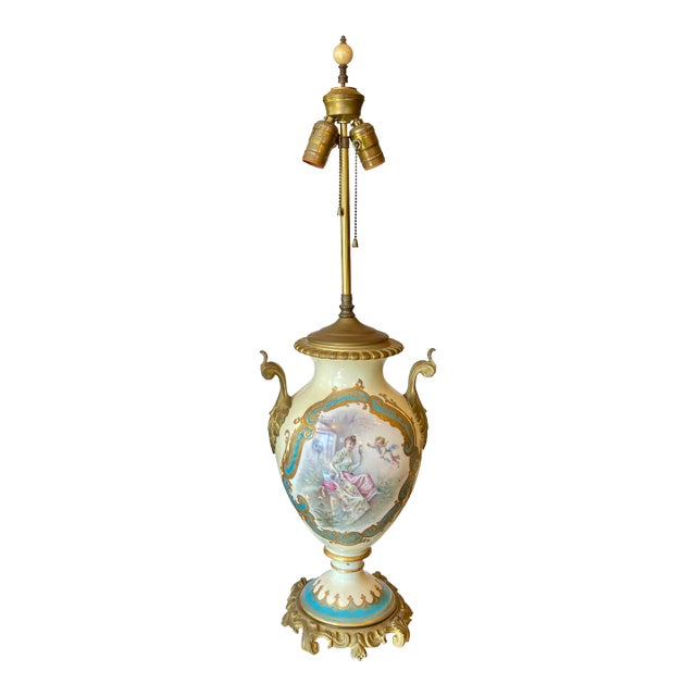 Antique French Porcelain & Gilt Bronze Serves Style Scenic Vase Table Lamp For Sale