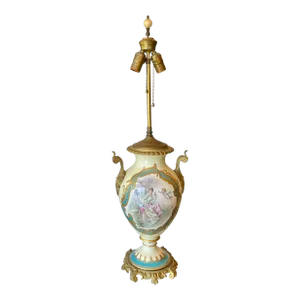 Antique French Porcelain & Gilt Bronze Serves Style Scenic Vase Table Lamp