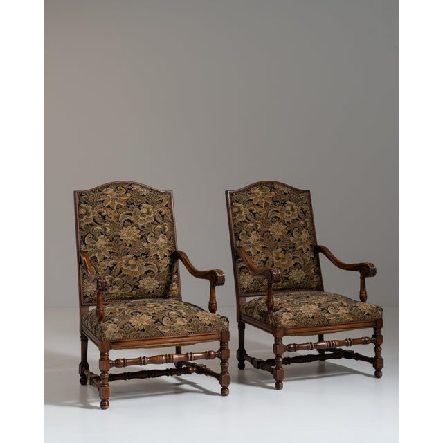 Chocolate Pair of 19th Century French Dark Brown Louis XIII Upholstered Throne Armchairs For Sale - Image 8 of 14