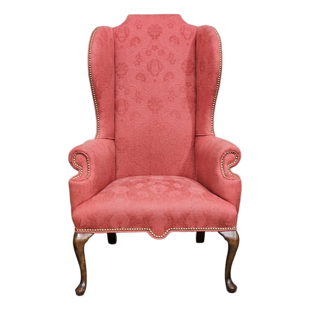 Baker Mahogany Queen Anne Style Wing Chair Damask Needlepoint Fabric For Sale