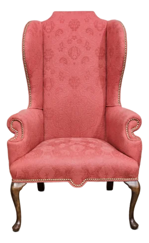 Baker Mahogany Queen Anne Style Wing Chair Damask Needlepoint Fabric