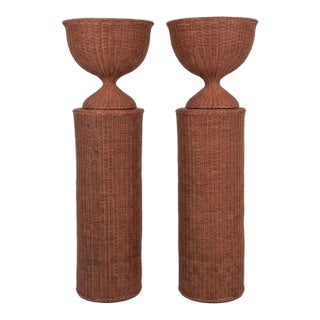 Pair of Vintage Woven Wicker Column Pedestals & Hourglass Urn Planters For Sale