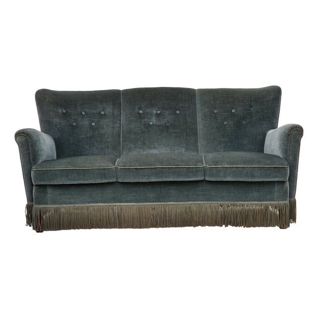 Three-Seater Danish Sofa in Green Furniture Velour, 1960s For Sale