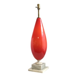 Murano Art Glass and Marble Table Lamp Large Scale Italian Blown Glass Cerise Red Orange For Sale