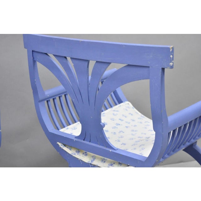 Vintage Hollywood Regency Italian Style Blue Curule X-Frame Arm Chair - A Pair For Sale - Image 14 of 15