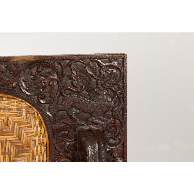 Anglo-Indian 1900 Armchair with Carved Back, Mythical Creatures and Woven Rattan For Sale - Image 10 of 12