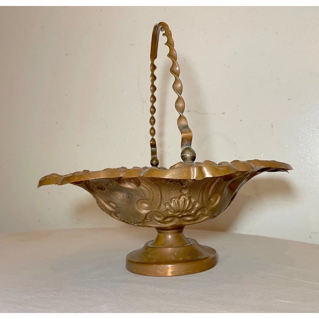 Antique Ornate Hand Tooled Hammered Footed Copper Centerpiece Fruit Bowl Basket For Sale - Image 11 of 12