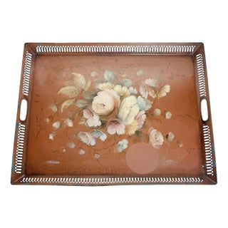 Red Metal Tray with Floral Decoration, France, 1950s For Sale