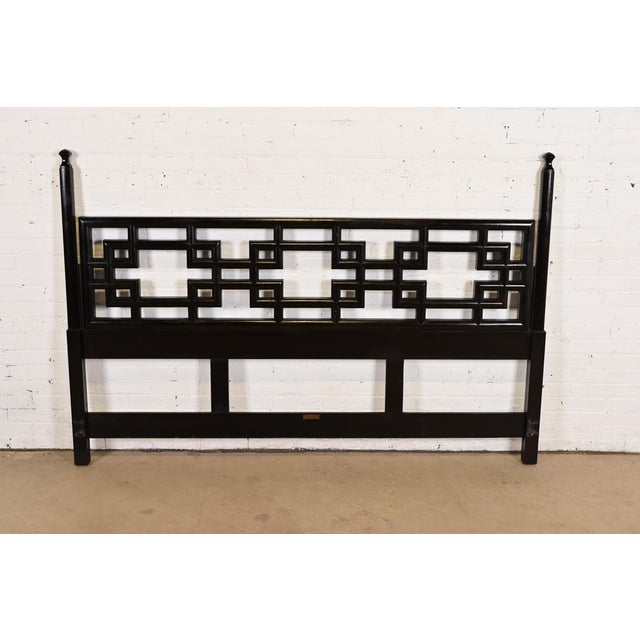 A gorgeous mid-century modern Hollywood Regency Chinoiserie black lacquered king size headboard By John Widdicomb USA,...