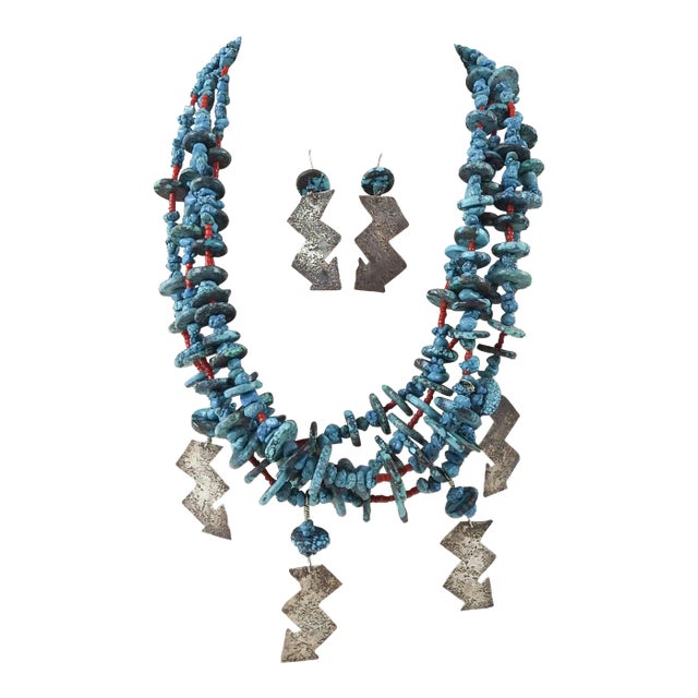 Late 20th Century Artist Studio Turquoise Sterling Silver Necklace & Earrings For Sale