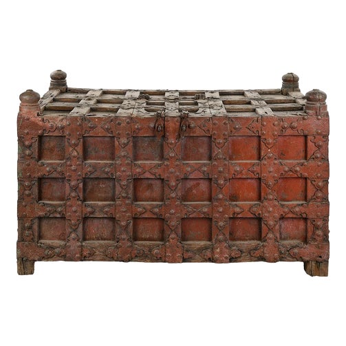 Large Wooden and Metal Chest with Red Patina For Sale