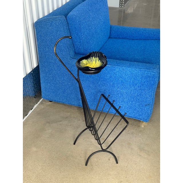 1960s Mid Century Modern Iron Frame Smoking Stand W / Pottery Ashtray & Mag Rack For Sale - Image 4 of 7