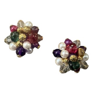 1980s Costume Jewelry Glass, Beads and Faux Pearls Italian Clip-on Earrings For Sale