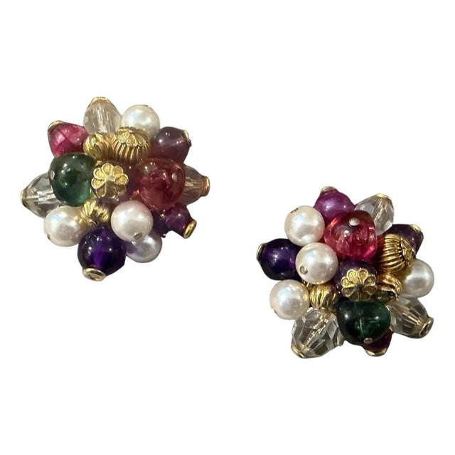 1980s Costume Jewelry Glass, Beads and Faux Pearls Italian Clip-on Earrings For Sale