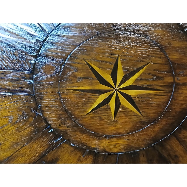 1950s Vintage Oak Rustic Coffee Table With Barley Twist Legs and Inlaid Compass Rose For Sale - Image 4 of 9
