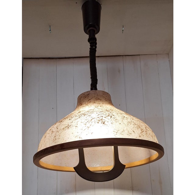 1970s Vintage Adjustable Ceiling Lamp with Beige Marbled Plastic Shade and Beechwood Rim, 1970s For Sale - Image 5 of 9