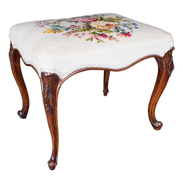 Antique Fireside Footstool, English, Needlepoint, Walnut, Stool, Early Victorian For Sale