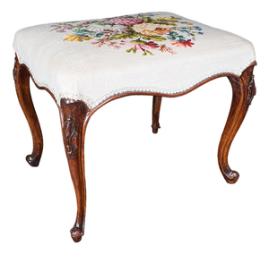 Antique Fireside Footstool, English, Needlepoint, Walnut, Stool, Early Victorian