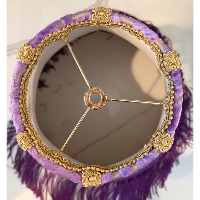 Vintage Purple Velvet Leaf Lamp Shade With Gold Trim & Purple Chainette Fringe For Sale - Image 4 of 5