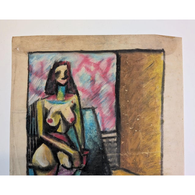 Expressionism Vintage Mid-Century Cubist Expressionist Seated Nude Pastel Drawing on Paper For Sale - Image 3 of 4
