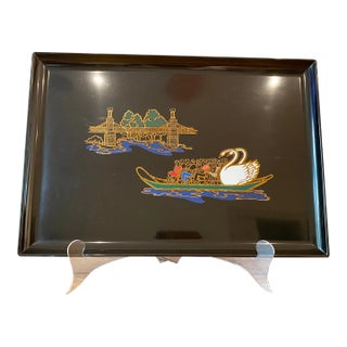 Late 20th Century Couroc of Monterey Serving Tray, Swans of Boston & Longfellow Bridge For Sale